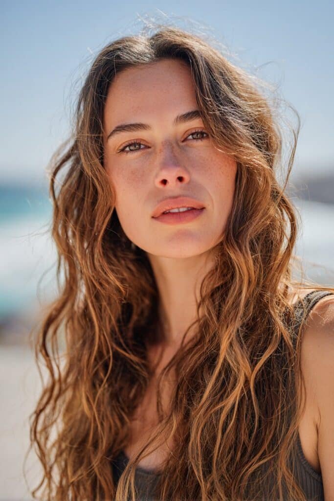 Textured beach waves side part hairstyle for long hair with airy volume