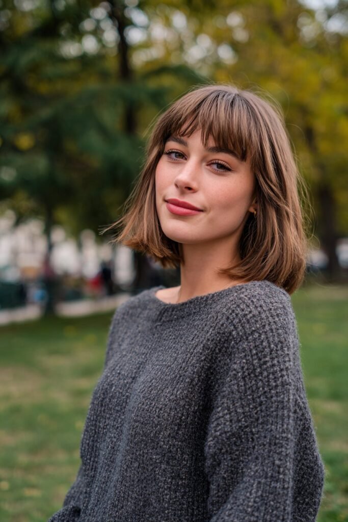 textured bob length short shag with blunt bangs