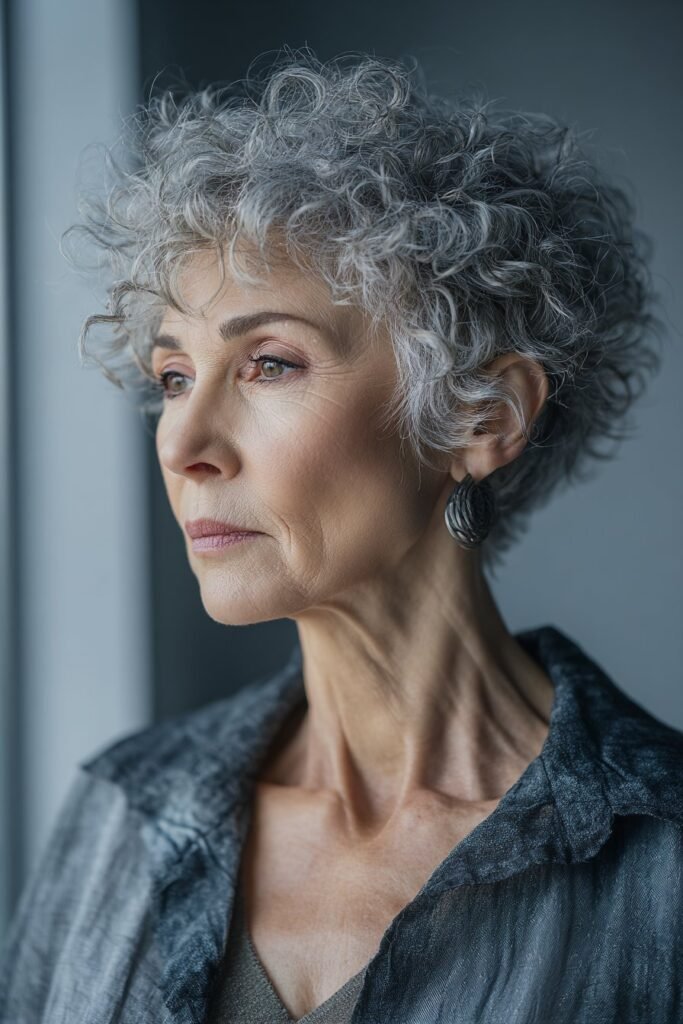older woman with textured curly pixie cut and tousled curls