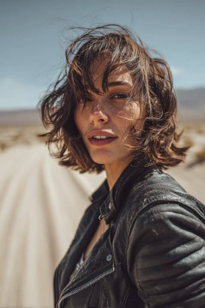 Woman with textured shag biker hairstyle and curtain bangs framing the face naturally.