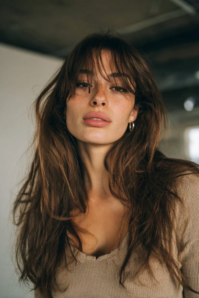 Tousled long hairstyle with side part bangs and airy natural movement.