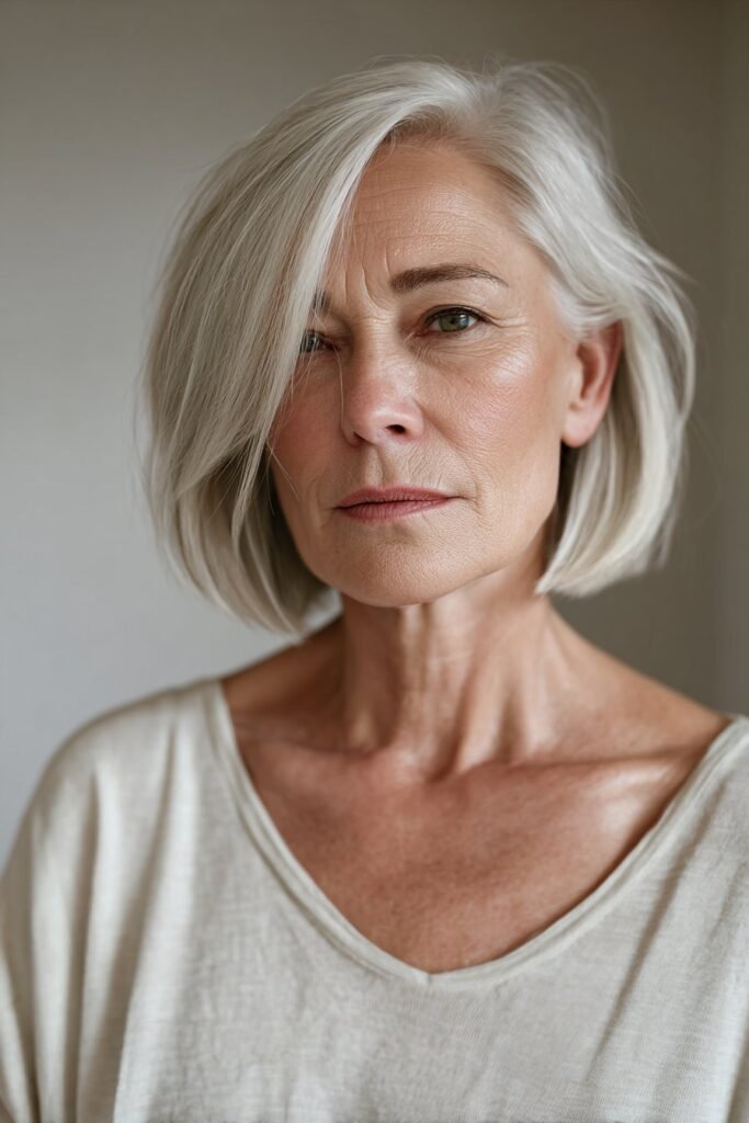 woman over 70 wearing asymmetrical bob haircut in silver hair