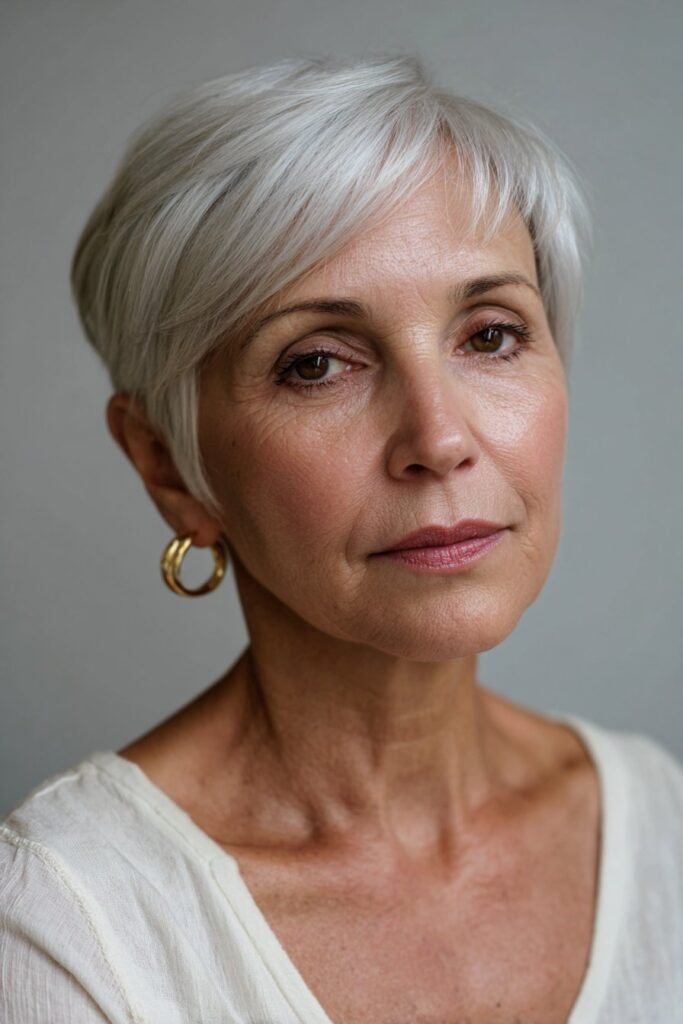 woman over 70 with asymmetrical short silver haircut
