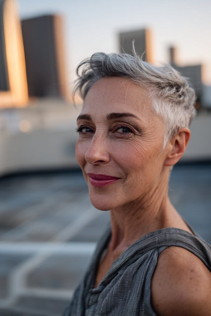 Asymmetrical gray short haircut for women over 50 with modern shape