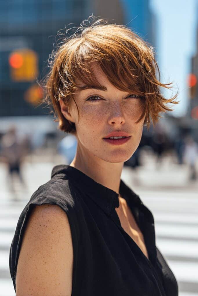 woman with asymmetrical shag haircut and uneven textured layers