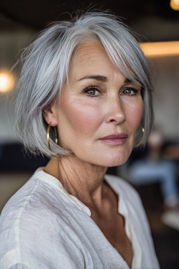 older woman wearing blunt bob with silver white hair