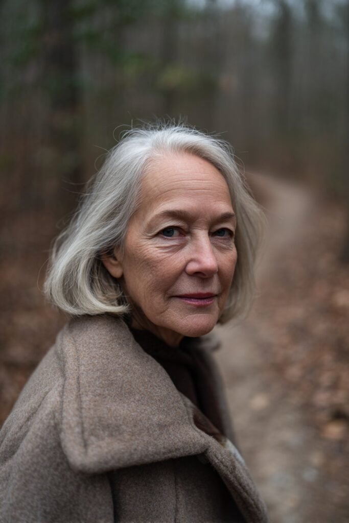 Blunt shoulder-length gray hairstyle for older women with clean lines