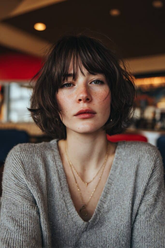 woman with blunt shag bob haircut and wispy textured bangs