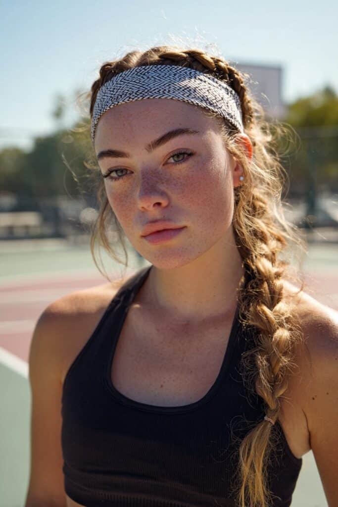 girl with braided headband and loose hair basketball style