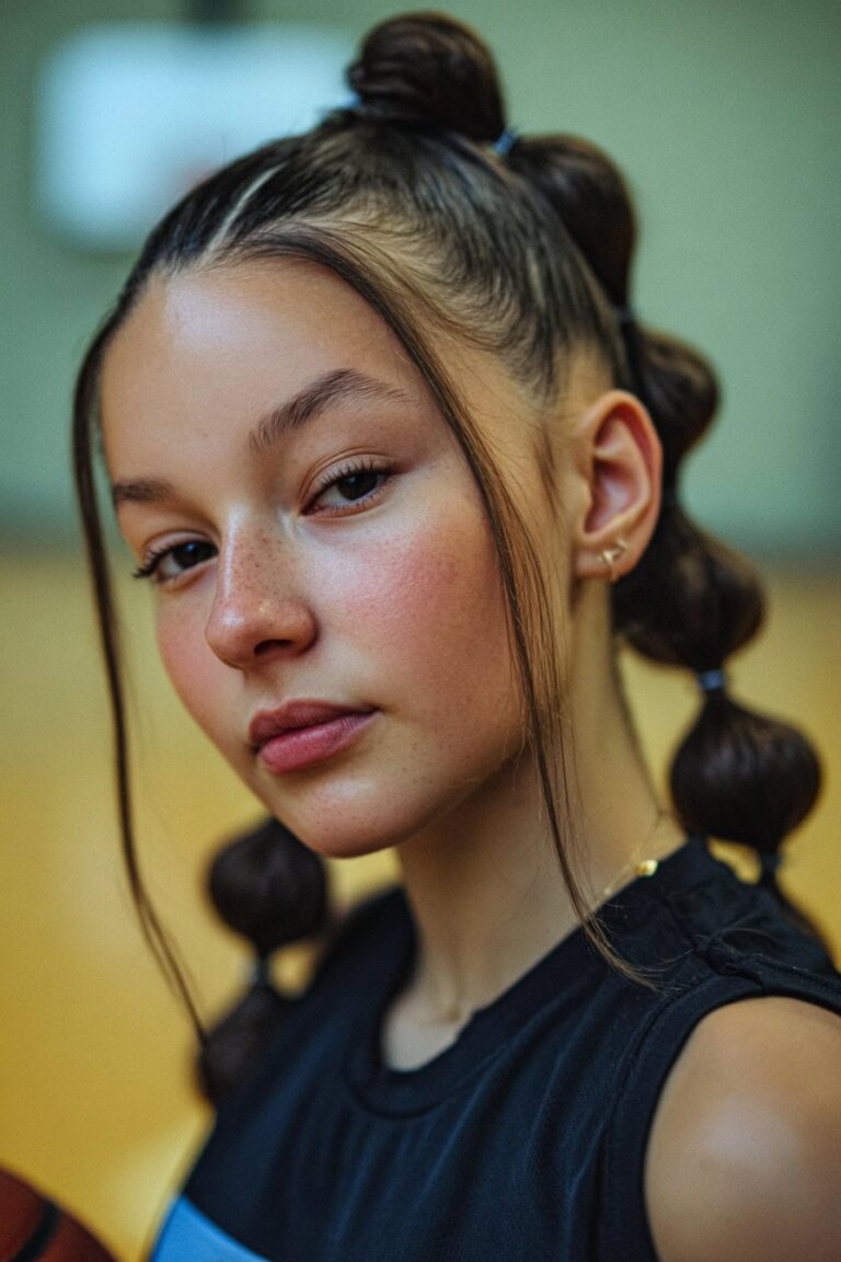 basketball player with sporty bubble ponytail style