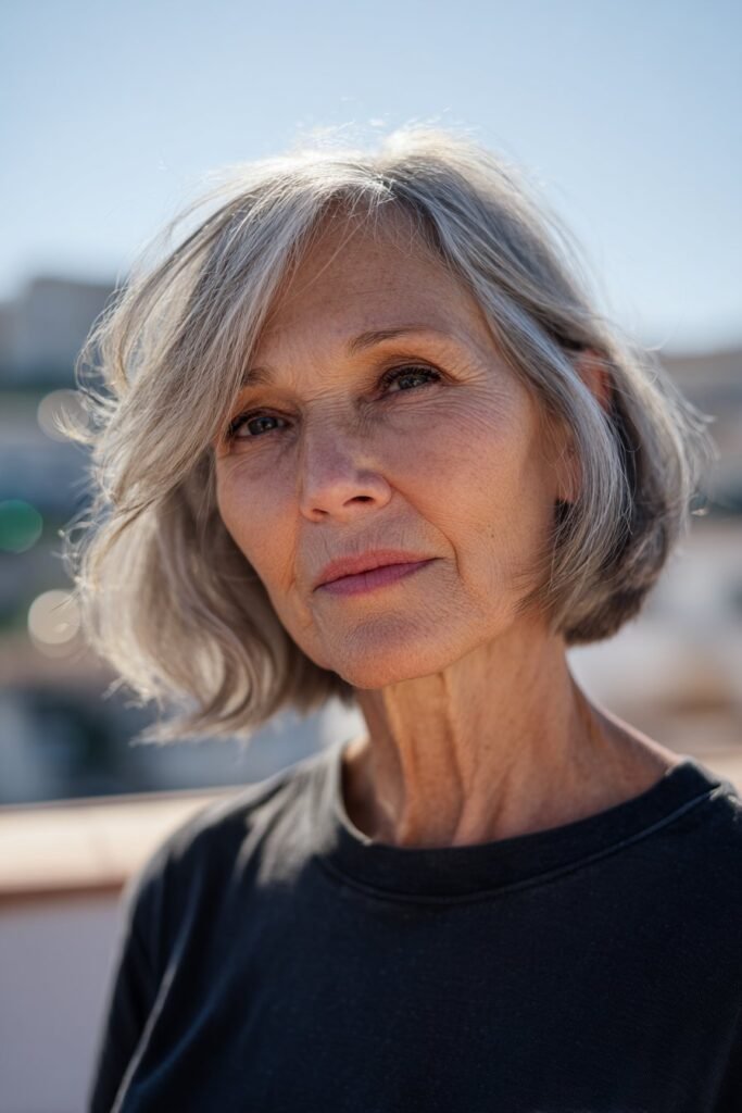 woman over 70 with chin length layered gray haircut
