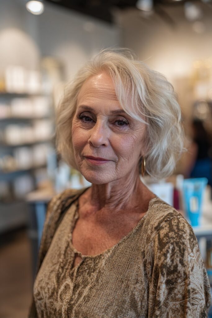 choppy midi cut creating movement in fine hair over 70
