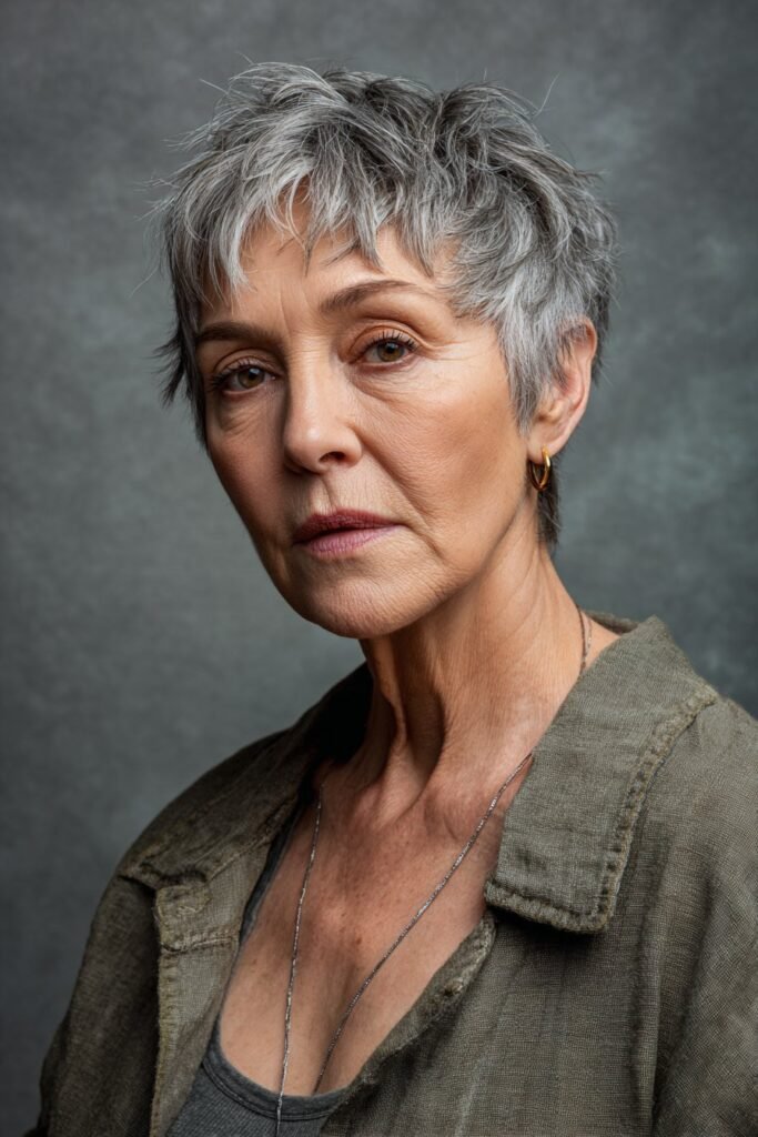 older woman wearing choppy pixie cut with silver hair