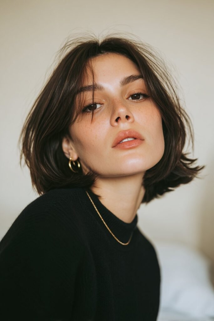 woman with classic 90s flip bixie haircut with outward flipped ends