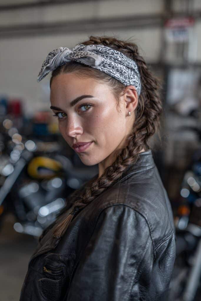 Woman wearing the Classic Bandana Braid biker hairstyle with a middle-part braid wrapped in a patterned scarf.