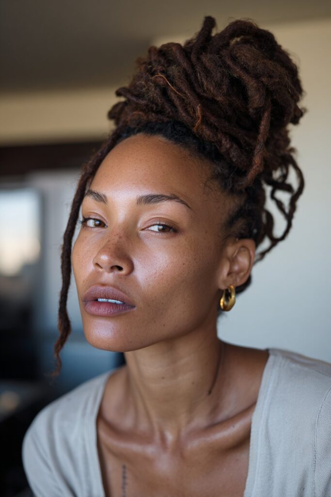 woman with locs in a classic high bun hairstyle