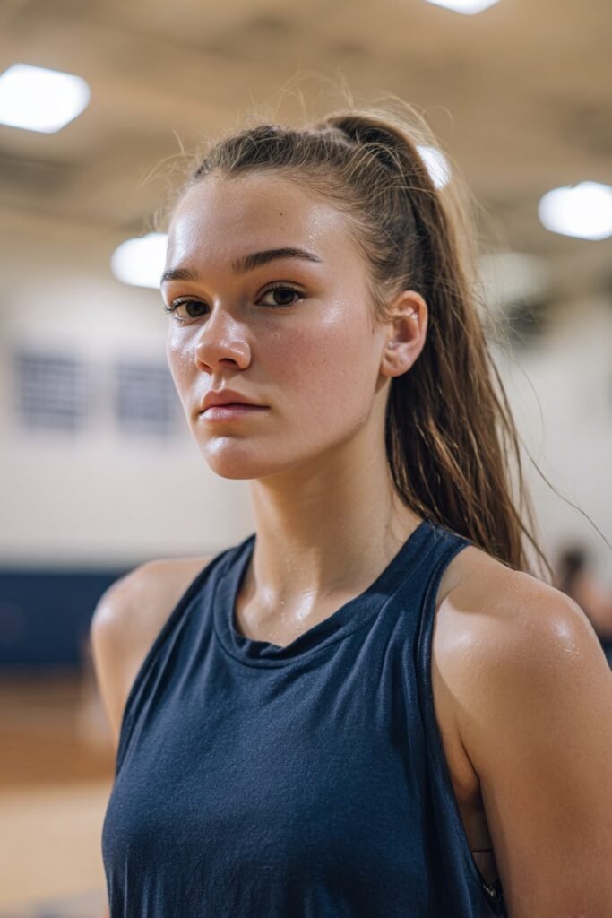 girl wearing classic high ponytail basketball hairstyle