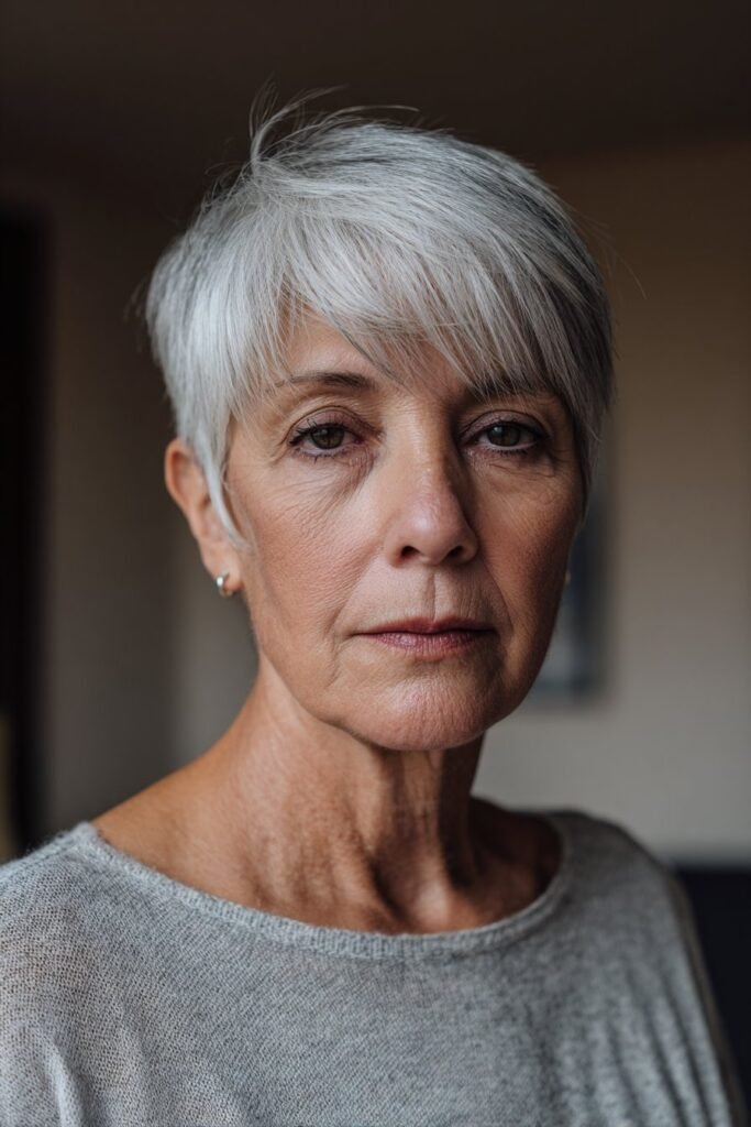 woman over 70 with classic pixie cut in silver gray hair