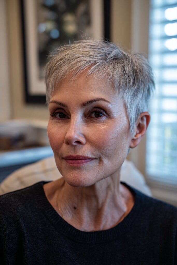 older woman with classic pixie cut and silver hair