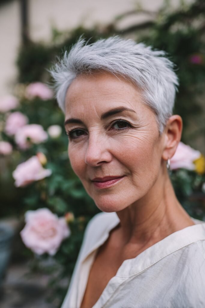 Classic silver pixie cut for older women with short textured gray hair
