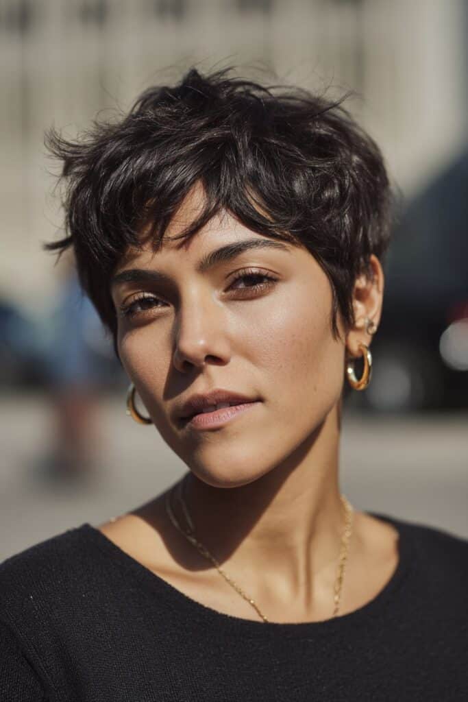 woman with classic textured short shag haircut and tousled layers