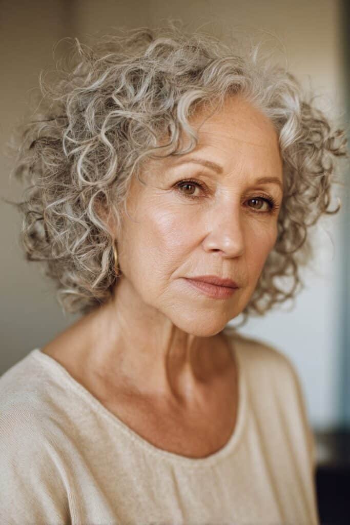 woman over 70 with short curly gray crop hairstyle