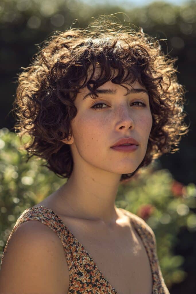 woman with short curly shag haircut and soft face framing curls