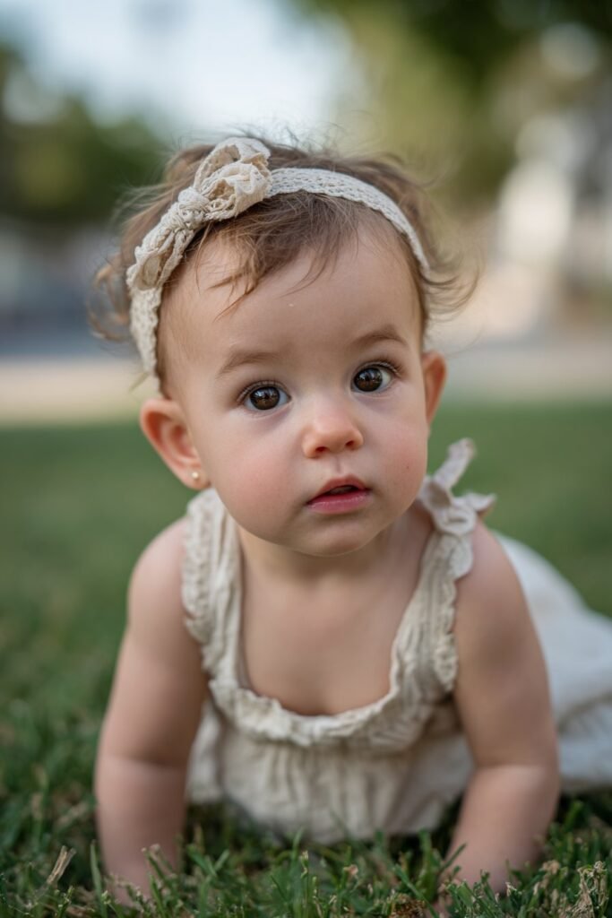 infant baby girl hairstyle with lace headband and soft hair