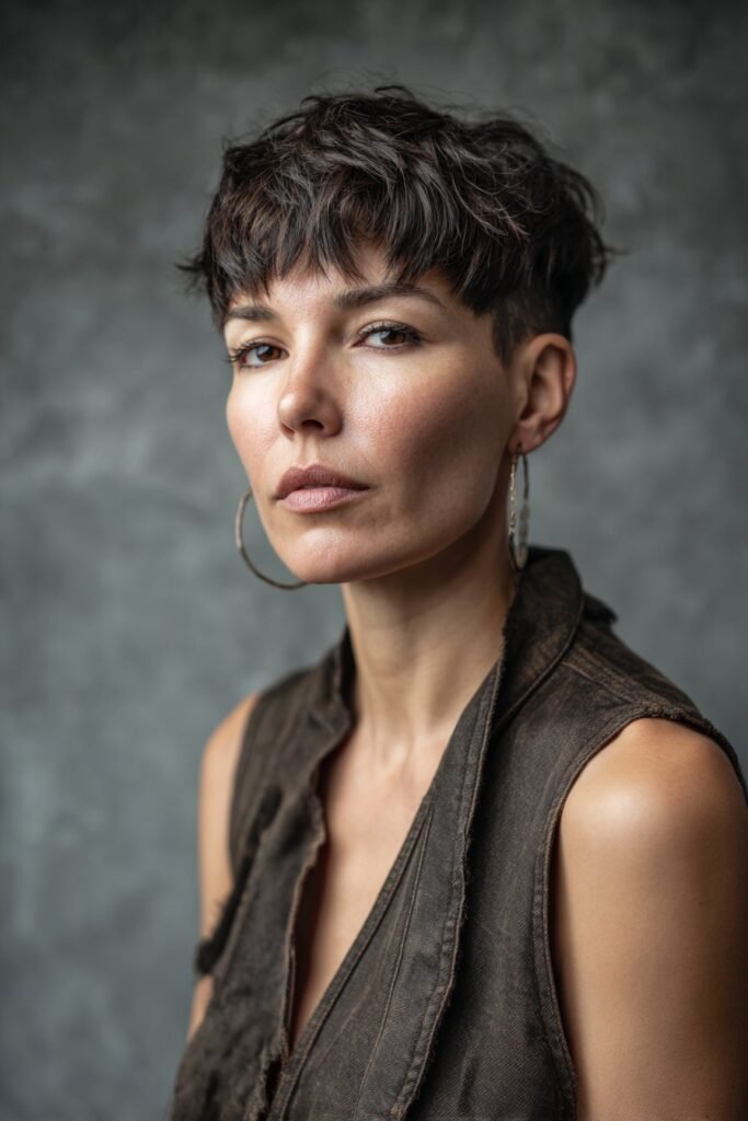 woman with disconnected shag haircut and uneven artistic layers