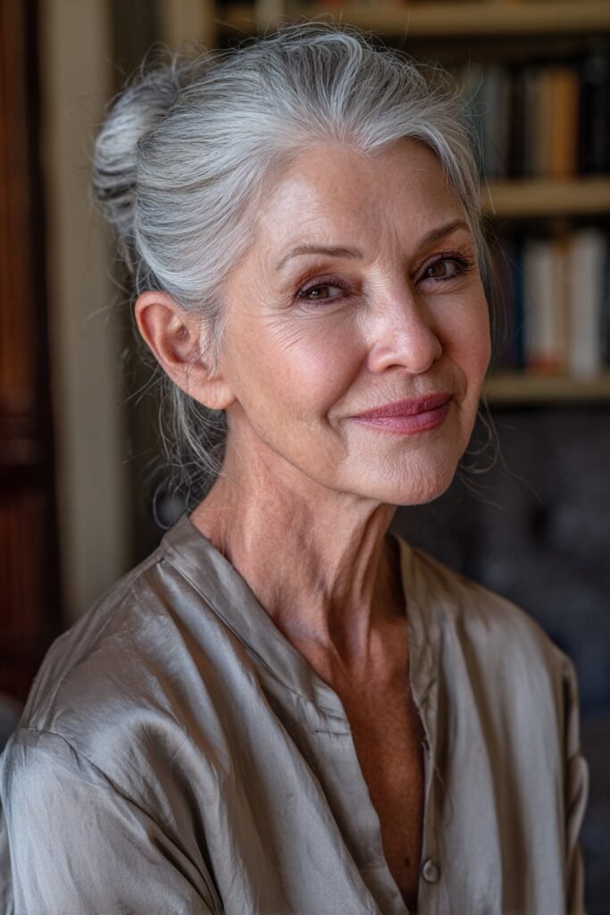 Elegant gray updo hairstyle for older women with classic volume