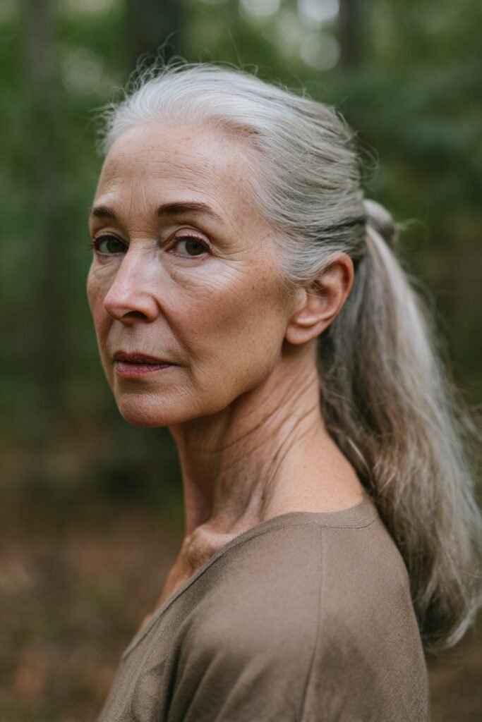 older woman wearing elegant low ponytail with silver hair