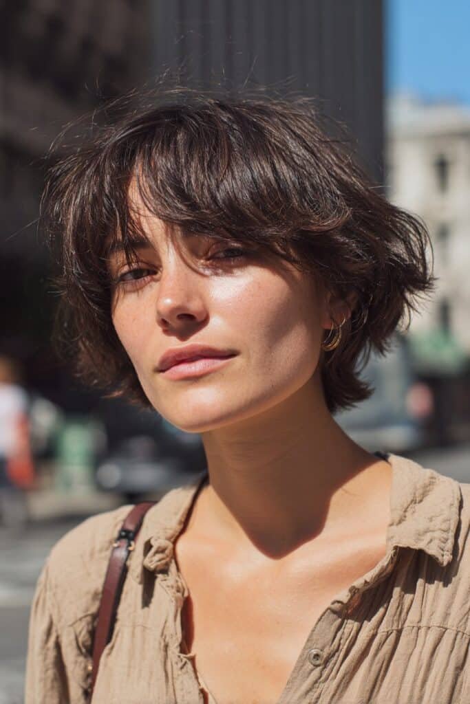 woman with face framing shag haircut and curtain style layers