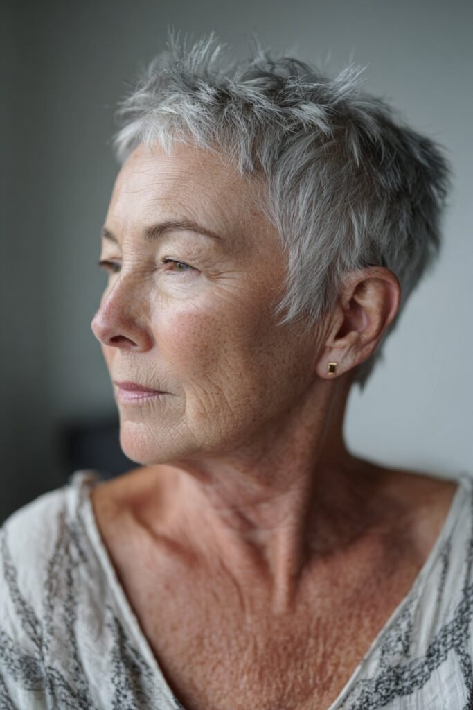 older woman with feathered haircut in salt and pepper hair