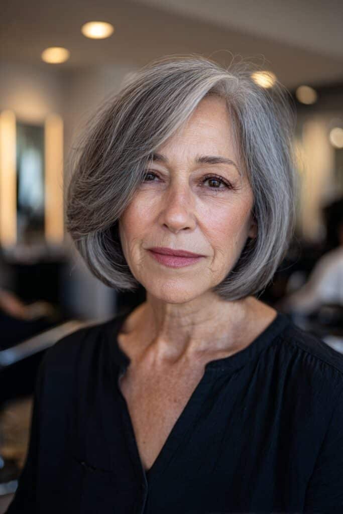 woman over 70 with graduated bob haircut in gray tones