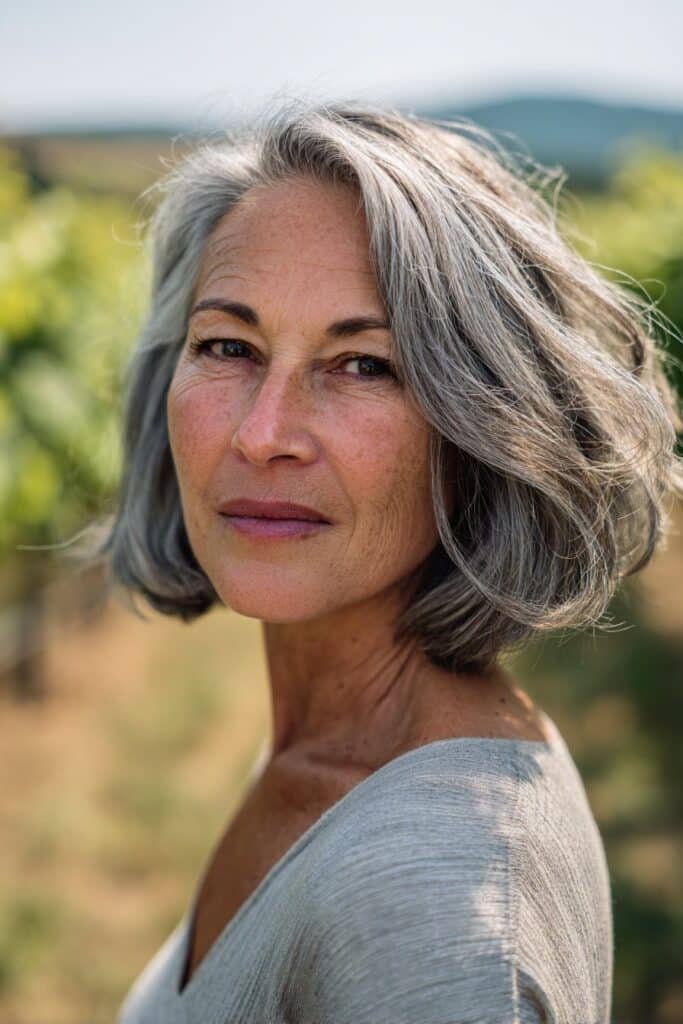 Graduated gray bob hairstyle for women over 50 with angled layers