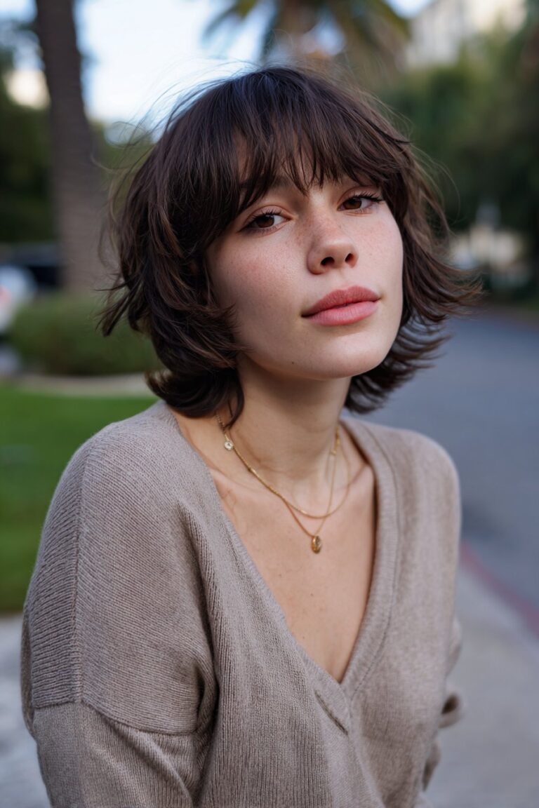 woman with short shag haircut with layered fringe and feathered bangs