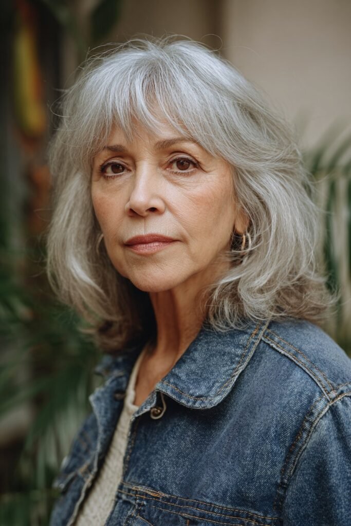 older woman with layered shag haircut in gray hair