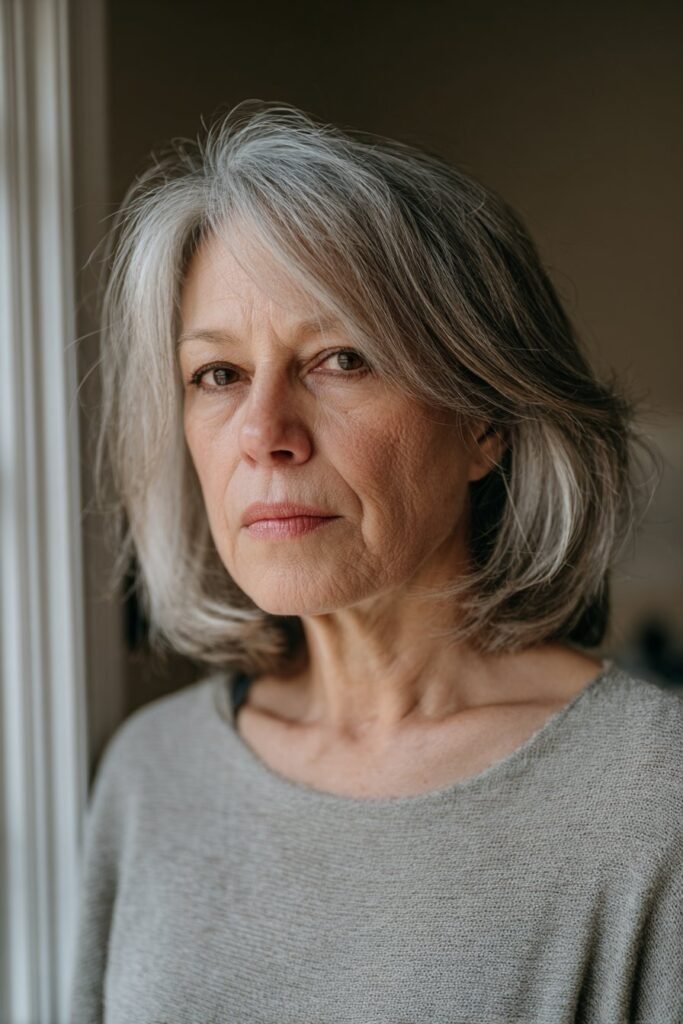 woman over 70 with layered shoulder length gray hairstyle