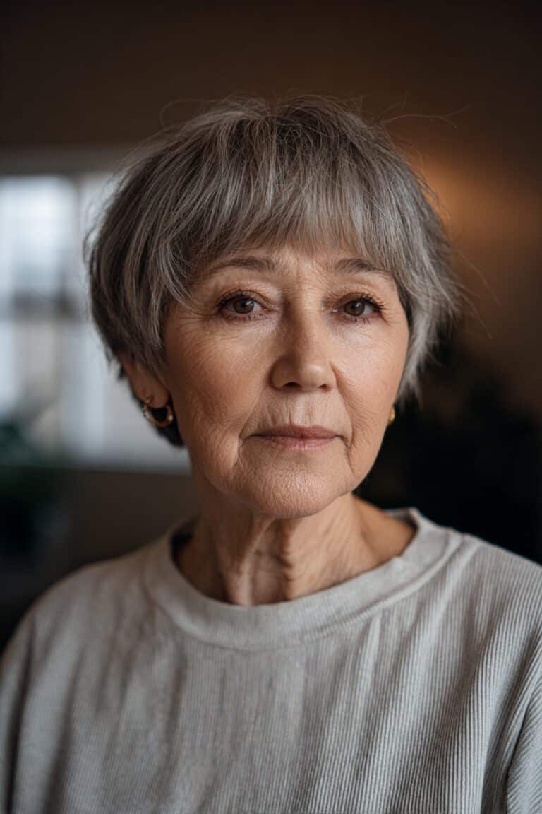 woman over 70 with modern shag and curtain bangs hairstyle