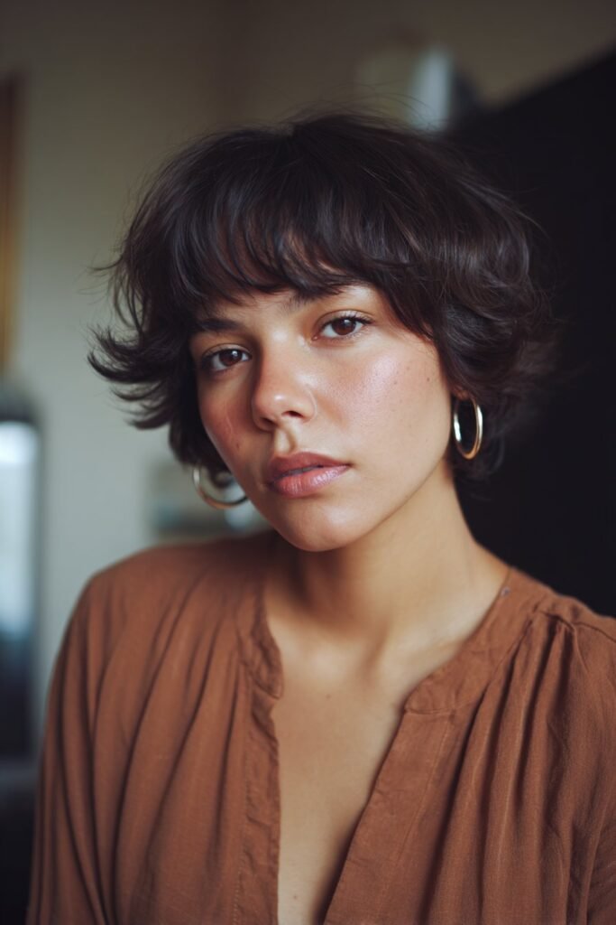 woman with retro short shag haircut and curtain fringe