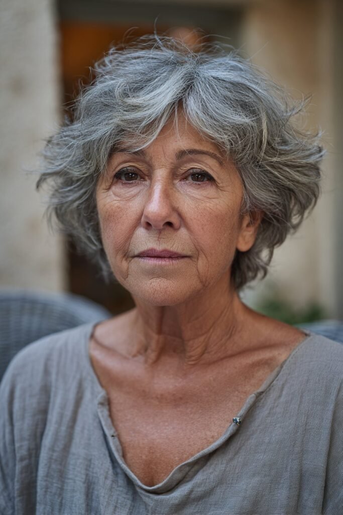 older woman with shaggy layered haircut in gray tones