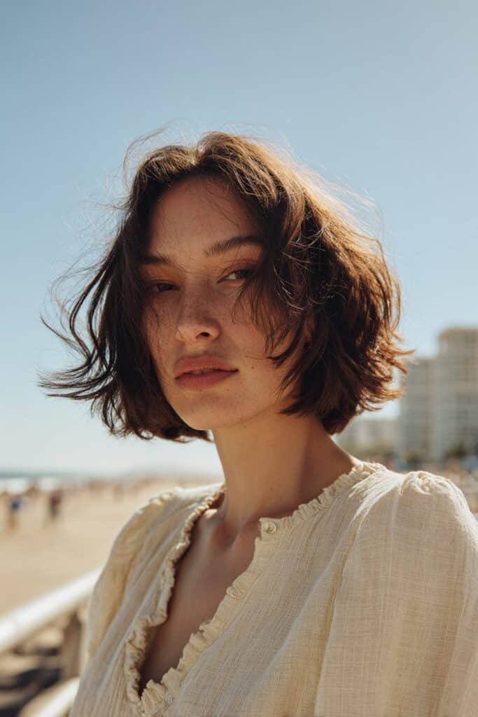 woman with shaggy long bob haircut and layered shag texture