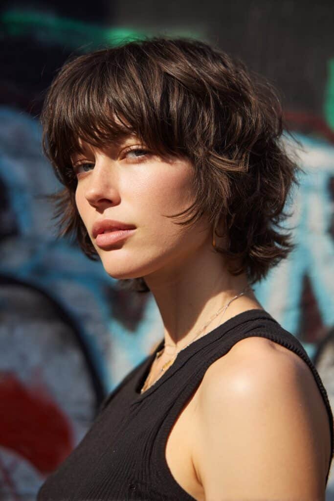 woman with shaggy mullet haircut and textured layers at the back