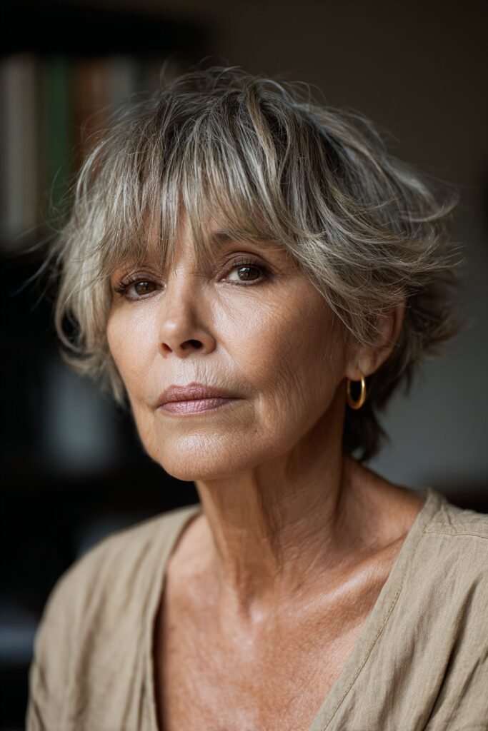 older woman with short shag haircut and bangs