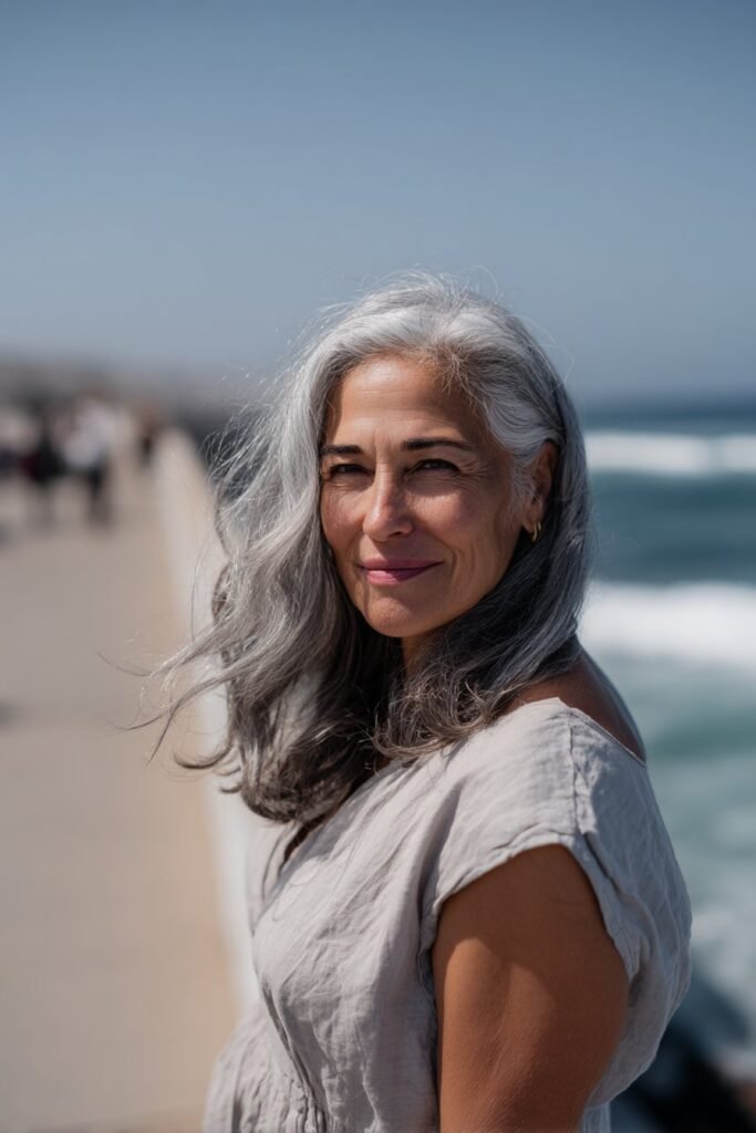 Shoulder-length gray lob hairstyle for women over 50 with soft movement