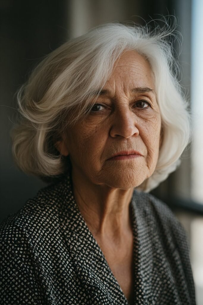 woman over 70 with side part hairstyle and natural volume