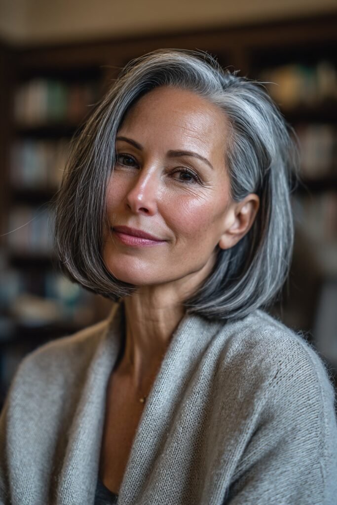 Side-parted gray bob hairstyle for older women with smooth shape