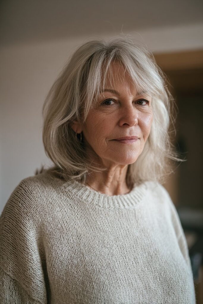 woman over 70 with side swept bangs and long gray layers