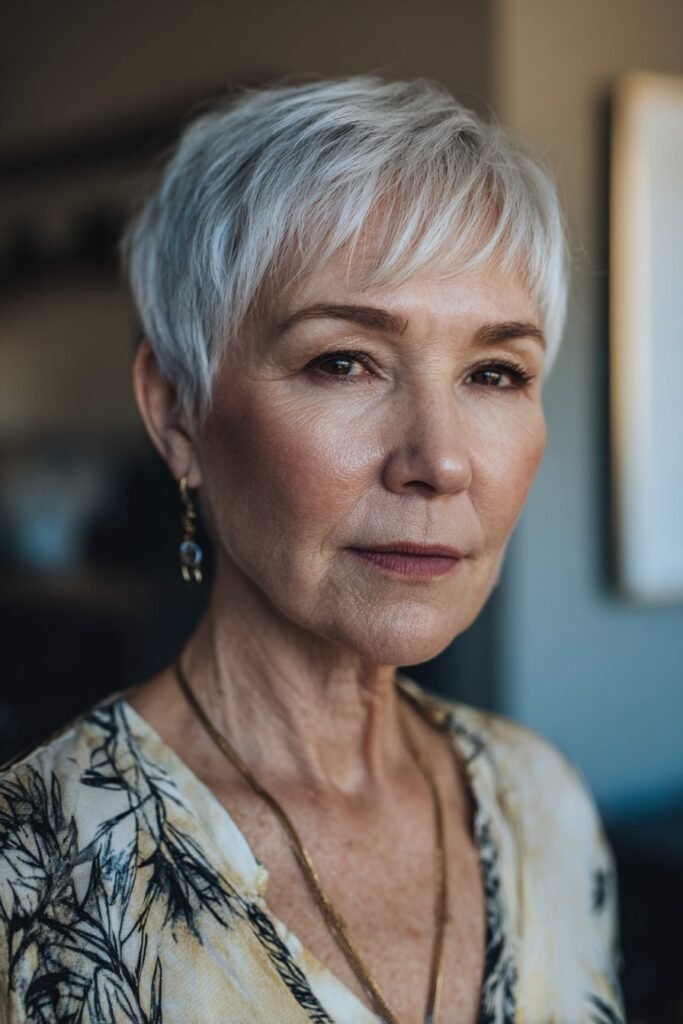 older woman with side swept pixie cut in silver hair