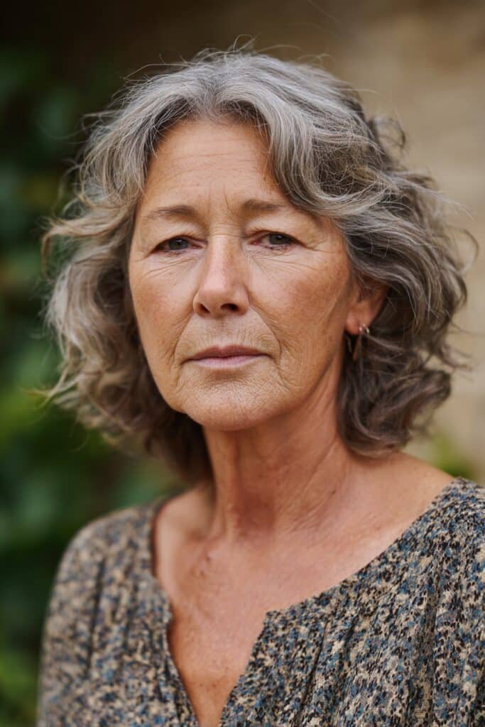 older woman with soft wavy silver gray hairstyle